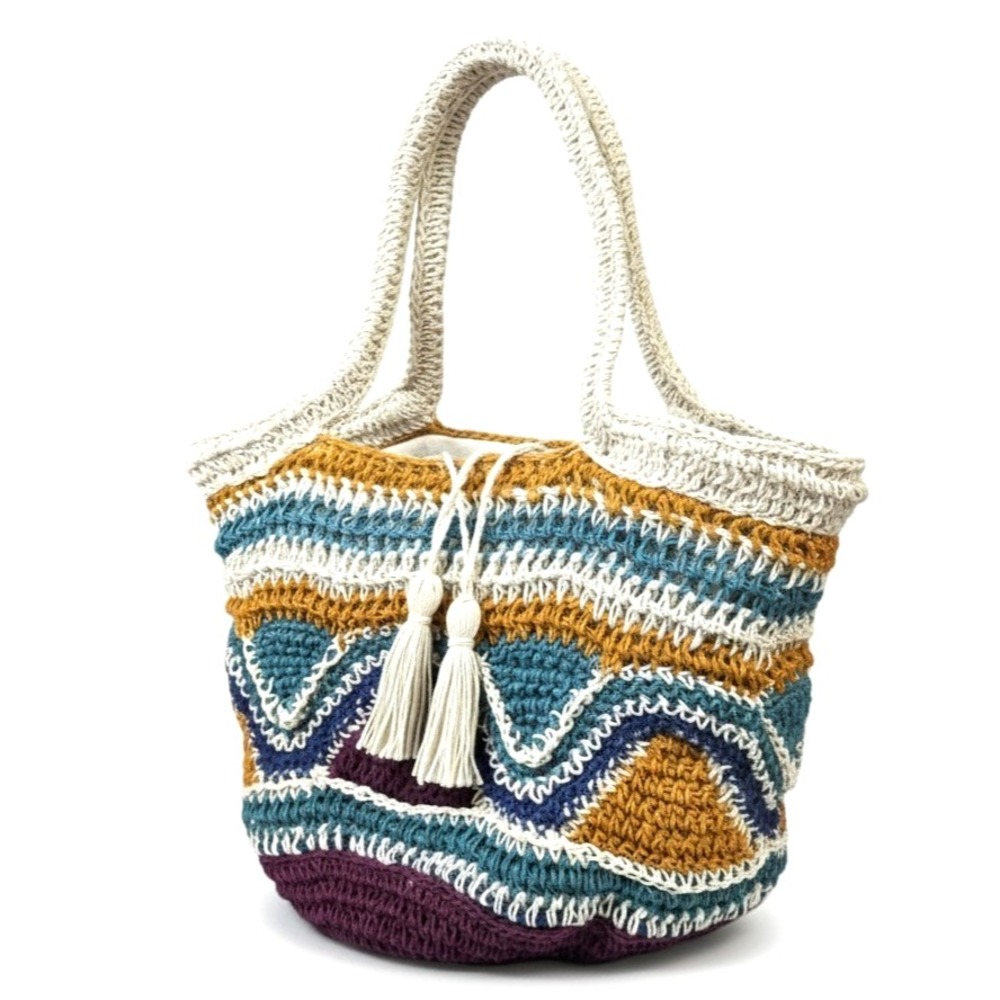 Zara Crochet Woven Bucket Bag Multicolor Jute Cotton Drawstring Tote Boho Beach